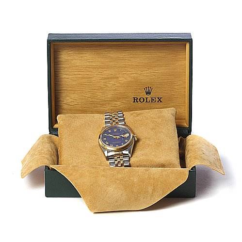 The image shows a Rolex Datejust 16203 Men's Stainless Steel Blue Dial 16203 Men's Stainless Steel Blue Dial watch in its box, viewed from the front, displaying the face, bezel, and bracelet.