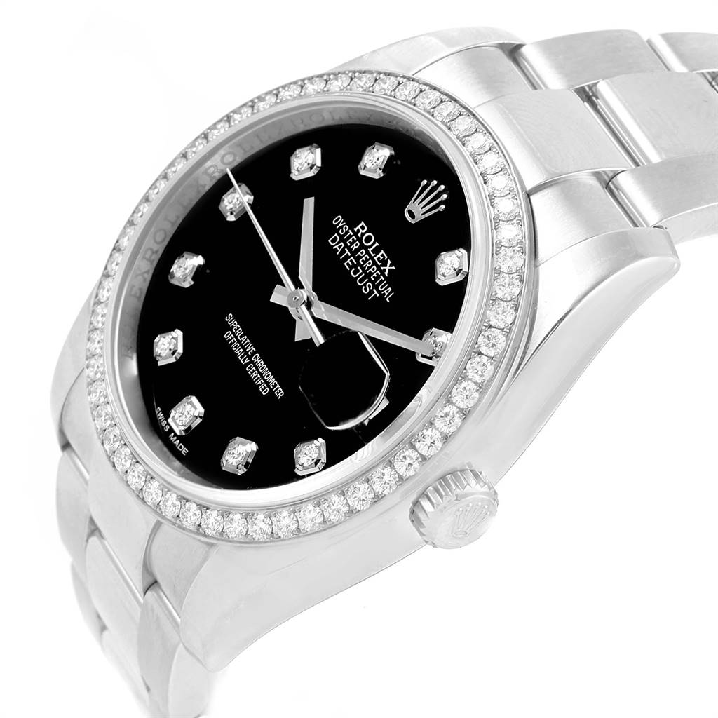 The Rolex Datejust 116244 Men
s Stainless Steel Black Dial 116244 Men
s Stainless Steel Black Dial watch is shown at an oblique angle, displaying the face, bezel, band, and crown.