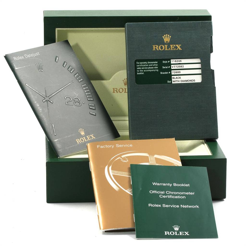 The image shows the box, user manuals, warranty booklet, and certification card for a Rolex Datejust 116244 Men
s Stainless Steel Black Dial 116244 Men
s Stainless Steel Black Dial watch.