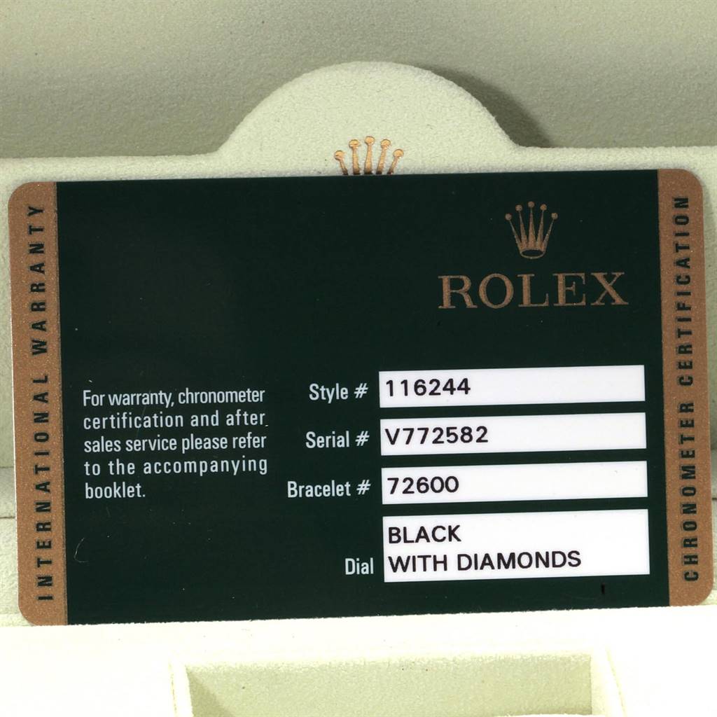 This image shows the international warranty card for the Rolex Datejust 116244 Men
s Stainless Steel Black Dial 116244 Men
s Stainless Steel Black Dial model.