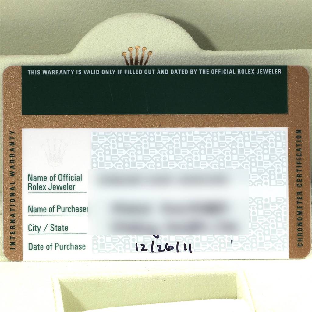 This image shows the official warranty card for a Rolex Datejust 116244 Men
s Stainless Steel Black Dial 116244 Men
s Stainless Steel Black Dial watch, including details like the jeweler
s name and date of purchase.