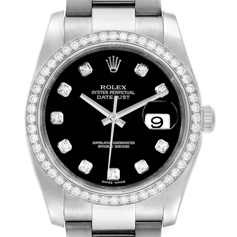 The image shows the front view of a Rolex Datejust watch, highlighting its black dial, diamond hour markers, and date display.