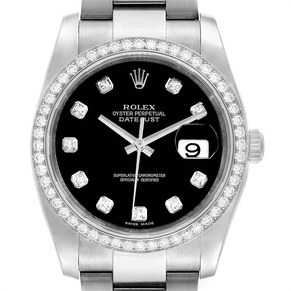 The image shows the front view of a Rolex Datejust 116244 Men
s Stainless Steel Black Dial 116244 Men
s Stainless Steel Black Dial watch, highlighting its black dial, diamond hour markers, and date display.