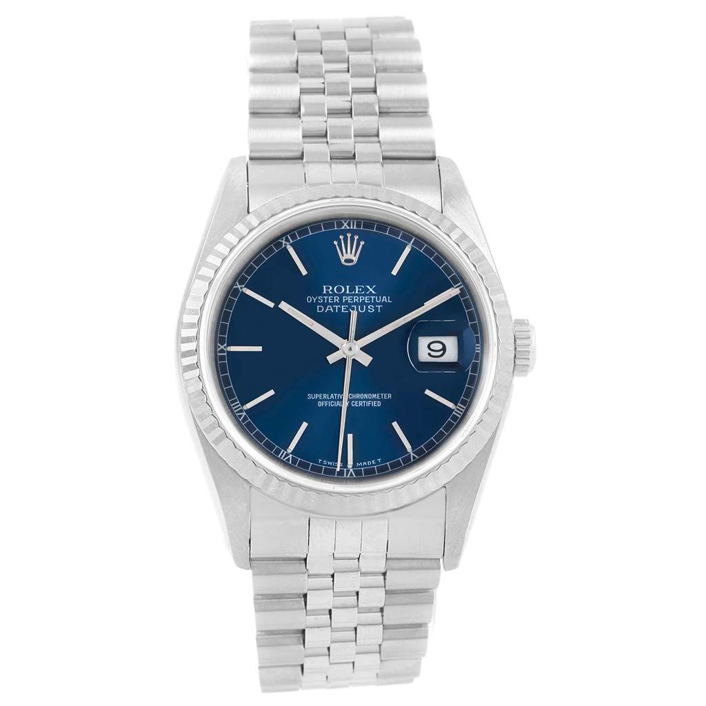 The image shows a front view of a Rolex Datejust 16234 Men
s Stainless Steel Blue Dial 16234 Men
s Stainless Steel Blue Dial watch, displaying its dial, bezel, and bracelet.