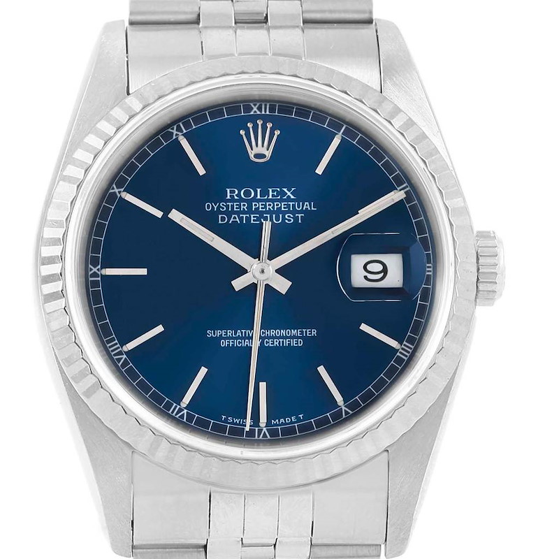 Rolex Datejust Steel White Gold Blue Dial Mens Watch 16234 SwissWatchExpo