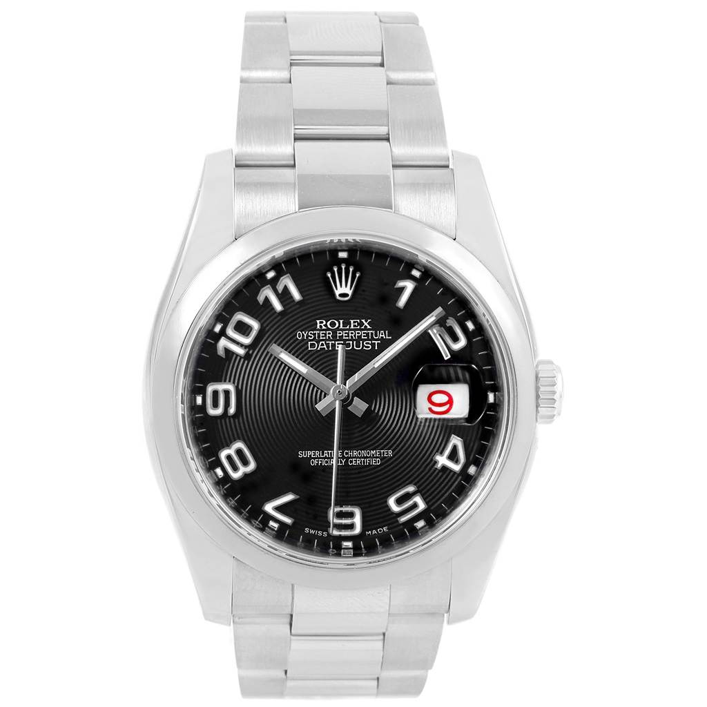 The Rolex Datejust 116200 Men's Stainless Steel Grey Dial 116200 Men's Stainless Steel Grey Dial watch is shown from a top view, displaying its dial, bracelet, and case.