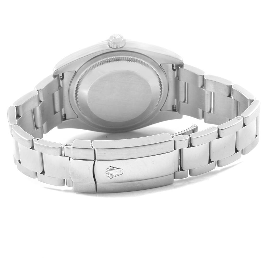 This image shows the back view of a Rolex Datejust 116200 Men's Stainless Steel Grey Dial 116200 Men's Stainless Steel Grey Dial watch, including the case back and the clasp with the Rolex logo.