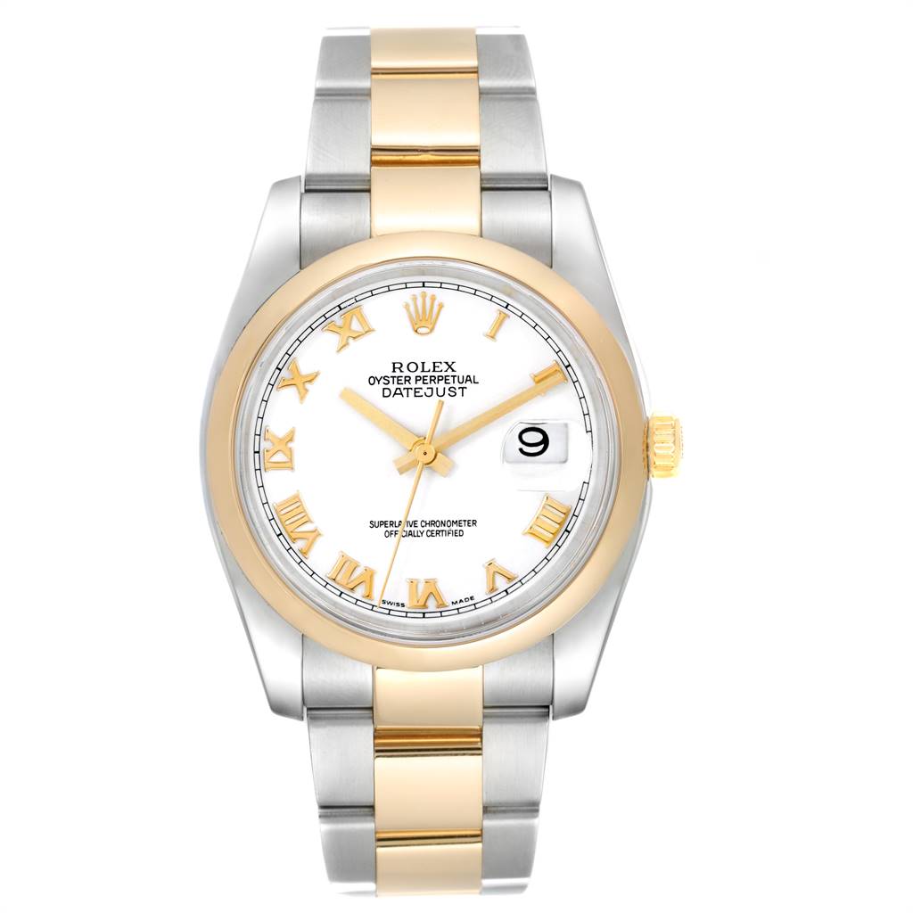 This image shows a Rolex Datejust 116203 Men's Stainless Steel White Dial 116203 Men's Stainless Steel White Dial watch from a front angle, highlighting the dial, bezel, and bracelet.