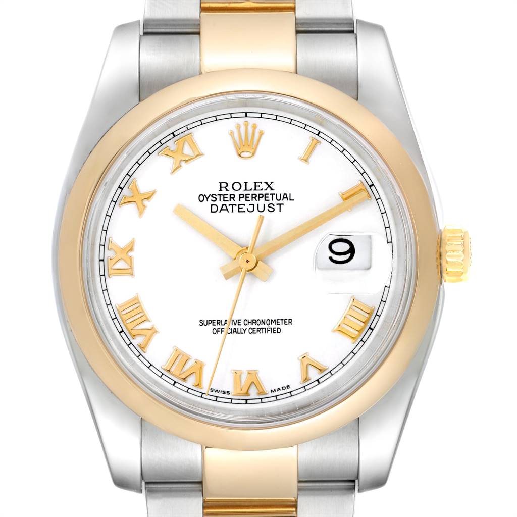 This image shows a front view of a Rolex Datejust 116203 Men's Stainless Steel White Dial 116203 Men's Stainless Steel White Dial watch, highlighting the dial, bezel, crown, and part of the bracelet.