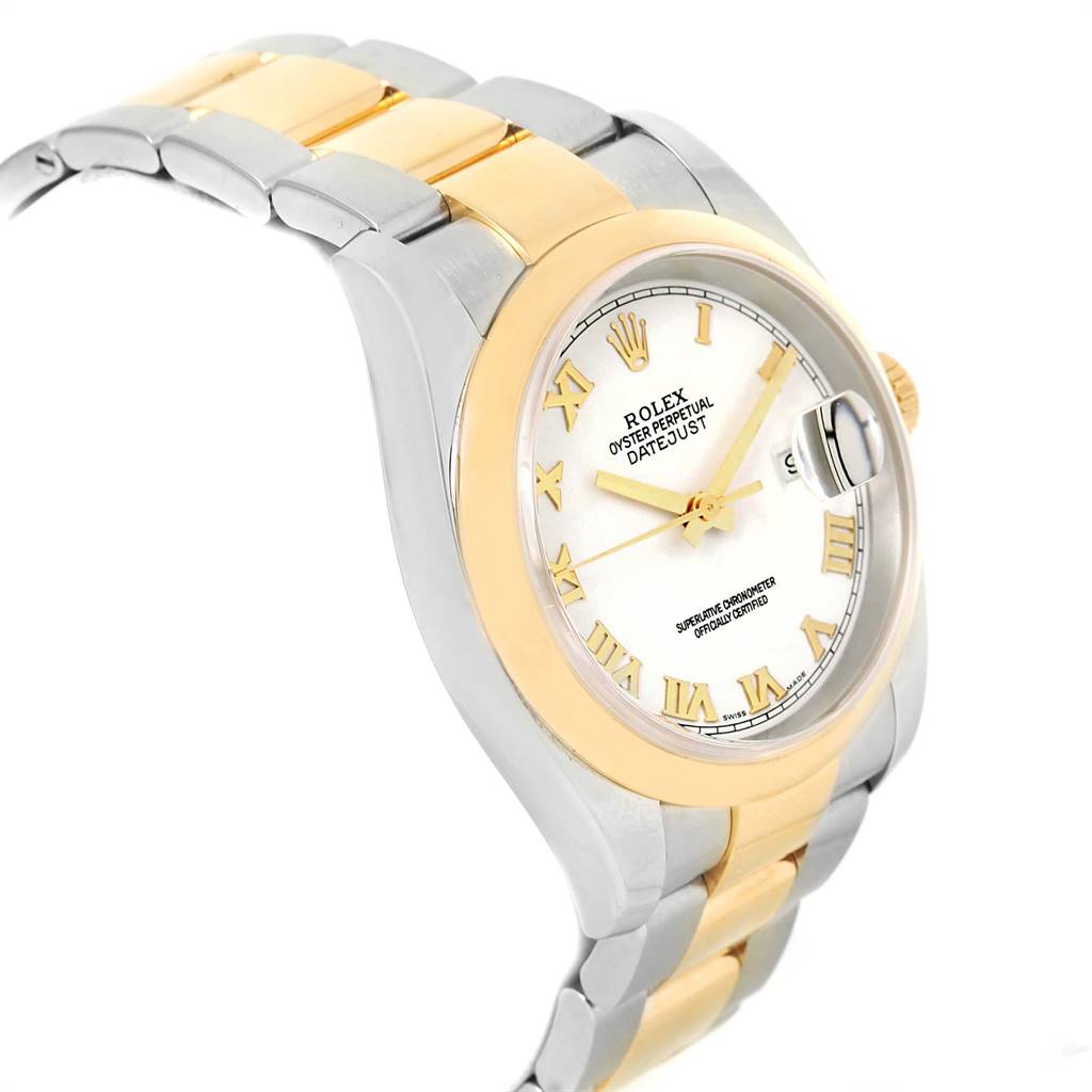 This image shows a Rolex Datejust 116203 Men's Stainless Steel White Dial 116203 Men's Stainless Steel White Dial watch at a three-quarter angle, highlighting its two-tone bracelet, bezel, and dial.