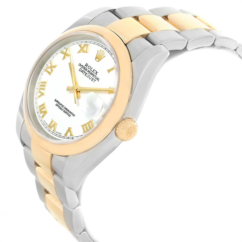 This image shows the side and partial front view of a Rolex Datejust 116203 Men's Stainless Steel White Dial 116203 Men's Stainless Steel White Dial watch, highlighting its bezel, crown, face, and bracelet.