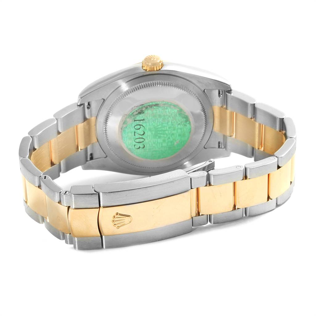 The image shows the back and bracelet of a Rolex Datejust 116203 Men's Stainless Steel White Dial 116203 Men's Stainless Steel White Dial watch, highlighting its two-tone metal design.