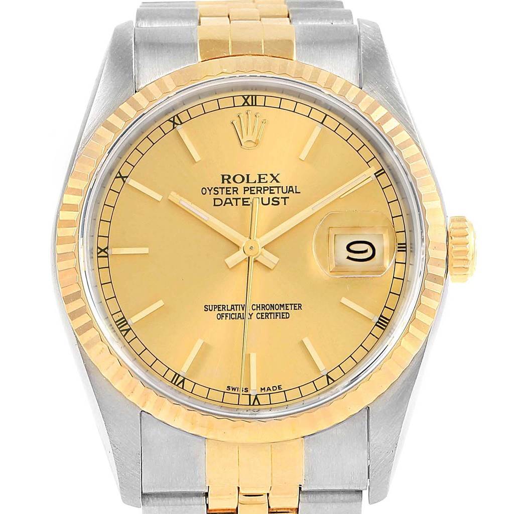 This image shows a front view of a Rolex Datejust 16233 Men's Steel and Gold (two tone) Champagne Dial 16233 Men's Steel and Gold (two tone) Champagne Dial watch, featuring a gold dial, a date window, and a two-tone bracelet.