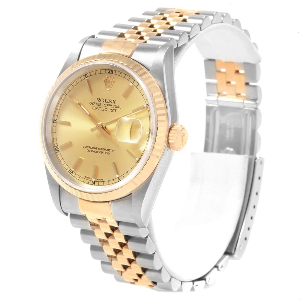 The Rolex Datejust 16233 Men's Steel and Gold (two tone) Champagne Dial 16233 Men's Steel and Gold (two tone) Champagne Dial watch is shown at a slight angle, displaying the face, bezel, crown, and two-tone bracelet.