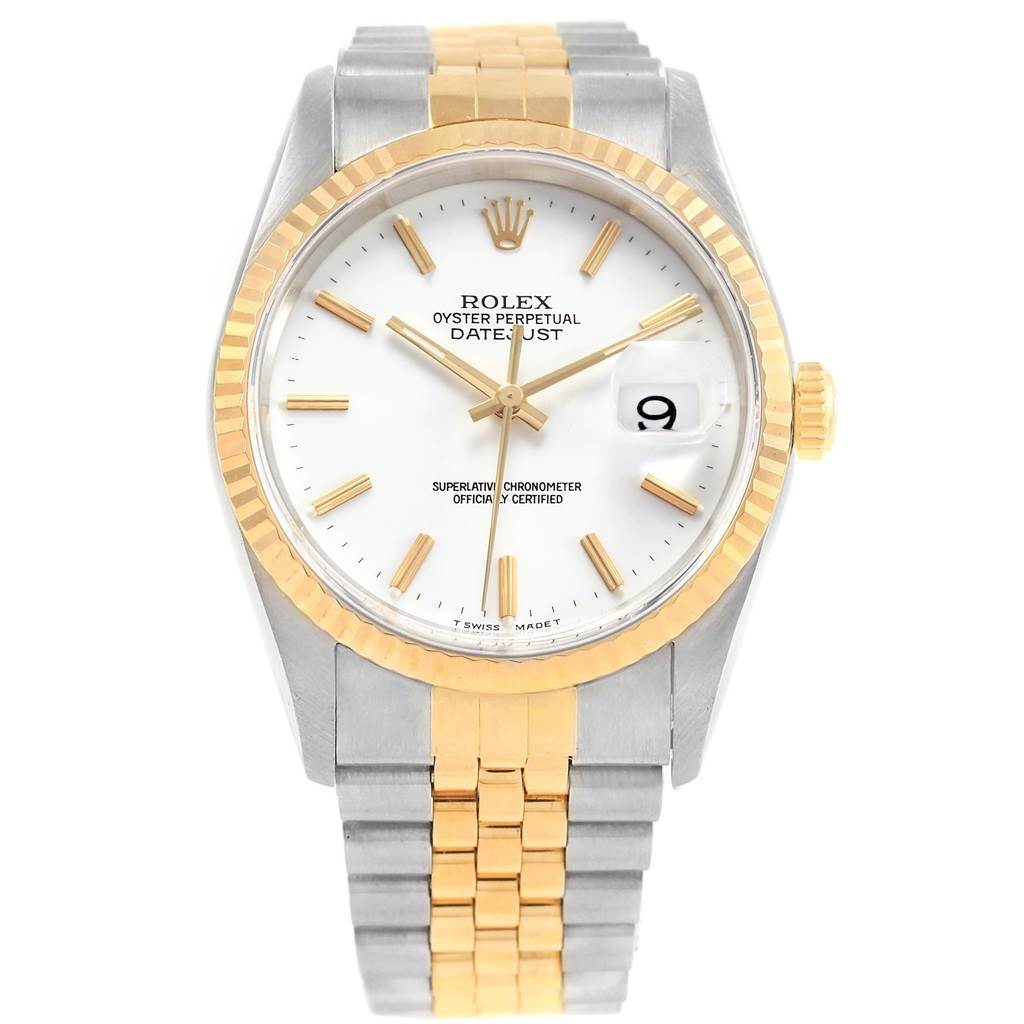 The image shows a front-facing view of a Rolex Datejust 16233 Men's Steel and Gold (two tone) White Dial 16233 Men's Steel and Gold (two tone) White Dial watch featuring a gold and silver two-tone bezel and bracelet.