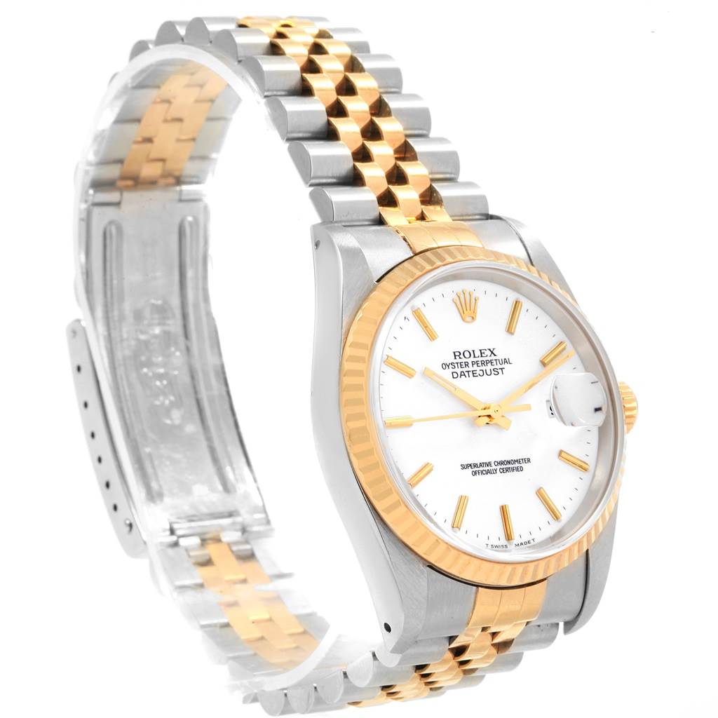 The Rolex Datejust 16233 Men's Steel and Gold (two tone) White Dial 16233 Men's Steel and Gold (two tone) White Dial watch is shown from a side angle, displaying the two-tone bracelet, white dial, and fluted bezel.
