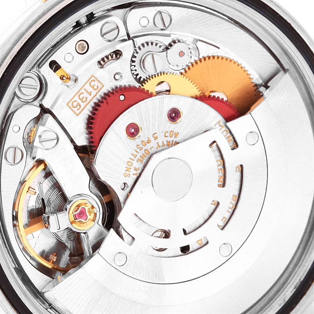 This image shows the internal mechanical movement of a Rolex Datejust 16233 Men's Steel and Gold (two tone) White Dial 16233 Men's Steel and Gold (two tone) White Dial watch from a top-down angle.