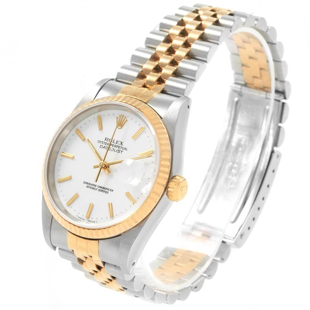 The Rolex Datejust 16233 Men's Steel and Gold (two tone) White Dial 16233 Men's Steel and Gold (two tone) White Dial watch is angled to show its face, bezel, crown, and two-tone Jubilee bracelet.
