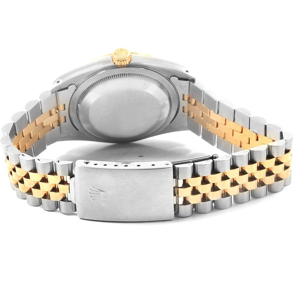 The image shows the back view of the Rolex Datejust 16233 Men's Steel and Gold (two tone) White Dial 16233 Men's Steel and Gold (two tone) White Dial watch, displaying the case back and the two-tone Jubilee bracelet with the clasp.