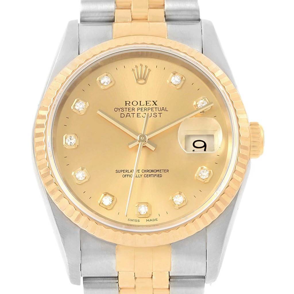 The image shows a front view of the Rolex Datejust 16233 Men's Steel and Gold (two tone) Silver Dial 16233 Men's Steel and Gold (two tone) Silver Dial watch, displaying its gold dial, diamond hour markers, date window, and two-tone bracelet.