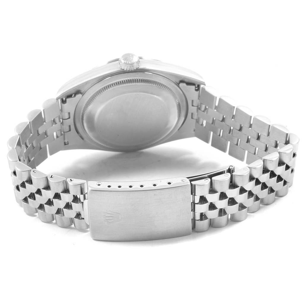 This image shows the back angle of a Rolex Datejust 16234 Men's Stainless Steel Silver Dial 16234 Men's Stainless Steel Silver Dial watch, highlighting the case back and the Jubilee bracelet with clasp.