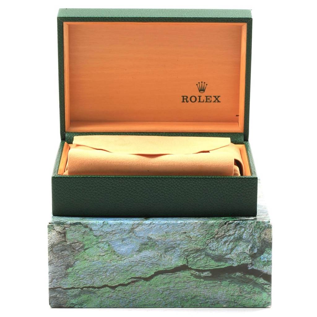 This image shows an open green box for a Rolex Datejust 16234 Men's Stainless Steel Silver Dial 16234 Men's Stainless Steel Silver Dial watch, with the interior empty.