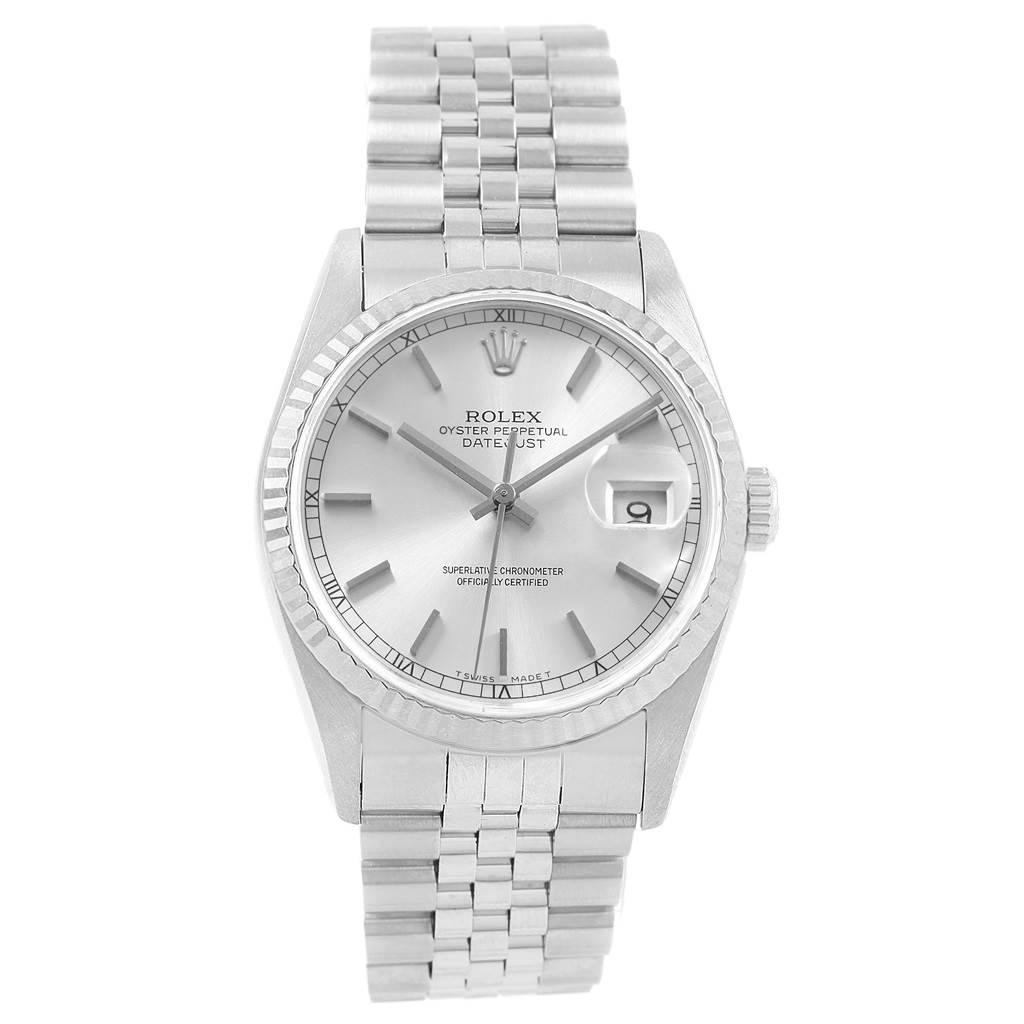 This image shows the Rolex Datejust 16234 Men's Stainless Steel Silver Dial 16234 Men's Stainless Steel Silver Dial watch from a top-down angle, showcasing its face, bracelet, and crown.