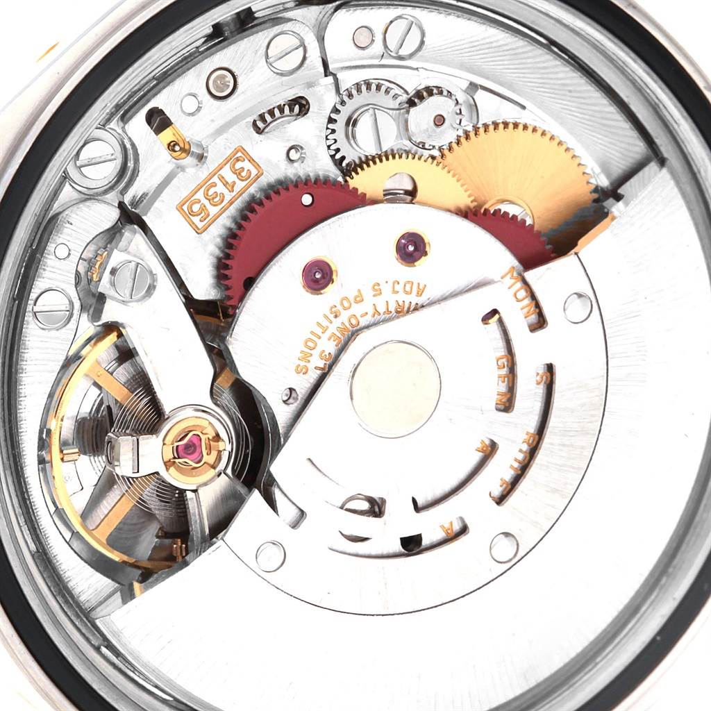 This is a close-up view of the internal movement mechanism of a Rolex Datejust 16234 Men's Stainless Steel Silver Dial 16234 Men's Stainless Steel Silver Dial watch.