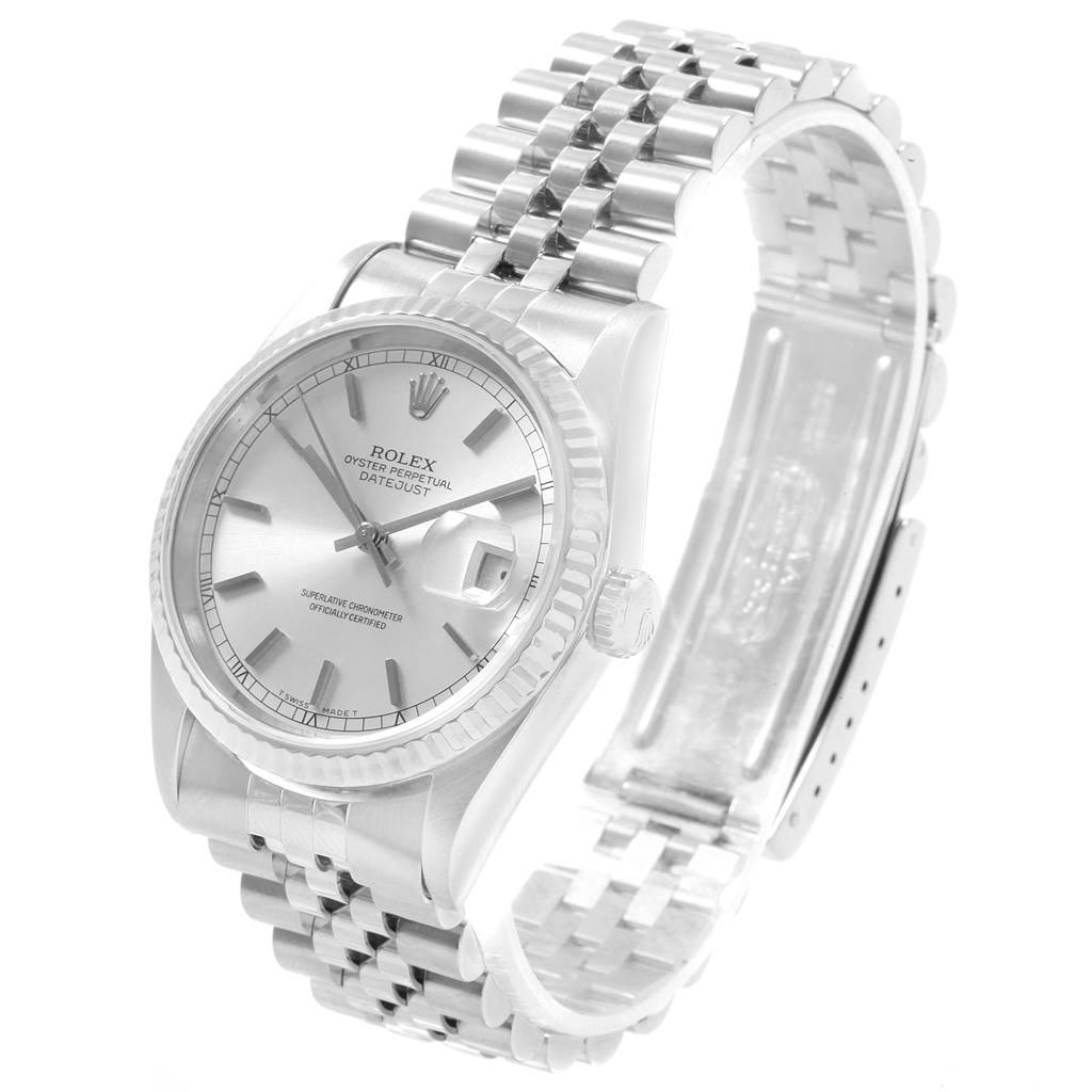 The image shows a Rolex Datejust 16234 Men's Stainless Steel Silver Dial 16234 Men's Stainless Steel Silver Dial watch at a slight angle, highlighting the face, bezel, crown, and bracelet.