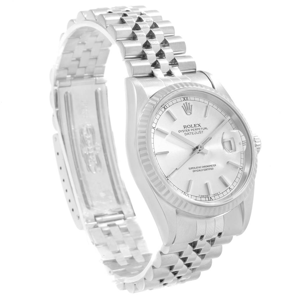 This image shows a Rolex Datejust 16234 Men's Stainless Steel Silver Dial 16234 Men's Stainless Steel Silver Dial watch from a three-quarter angle, highlighting the face, bezel, and Jubilee bracelet.