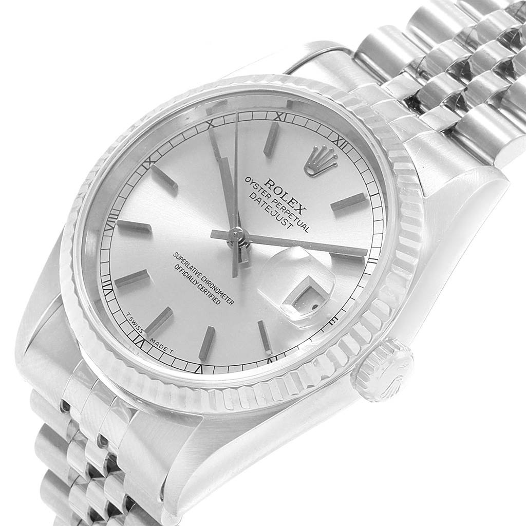 The image shows a Rolex Datejust 16234 Men's Stainless Steel Silver Dial 16234 Men's Stainless Steel Silver Dial watch at an angled top-down view, highlighting the face, bezel, crown, and part of the bracelet.