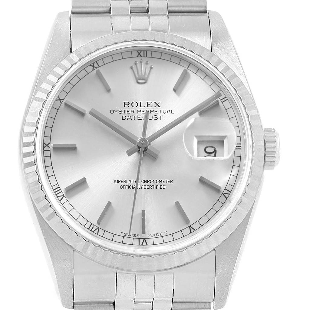 The image shows a front view of a Rolex Datejust 16234 Men's Stainless Steel Silver Dial 16234 Men's Stainless Steel Silver Dial watch, displaying the dial, hands, date window, bezel, and part of the bracelet.