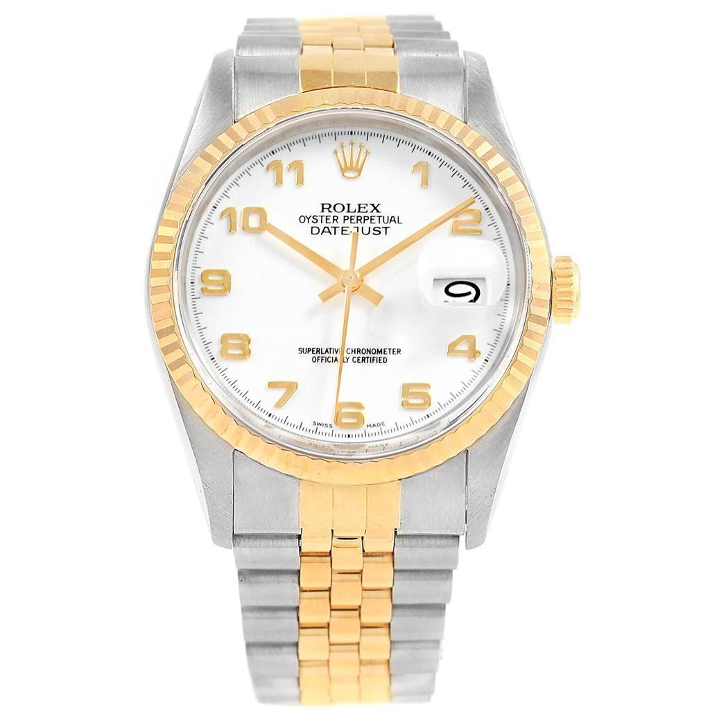 This image shows a front view of a Rolex Datejust 16233 Men's Steel and Gold (two tone) White Dial 16233 Men's Steel and Gold (two tone) White Dial watch, featuring a two-tone bracelet and a fluted bezel.
