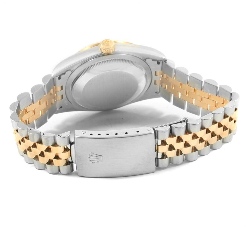 This image shows the back case and Jubilee bracelet of a Rolex Datejust 16233 Men's Steel and Gold (two tone) White Dial 16233 Men's Steel and Gold (two tone) White Dial watch from a rear angle.