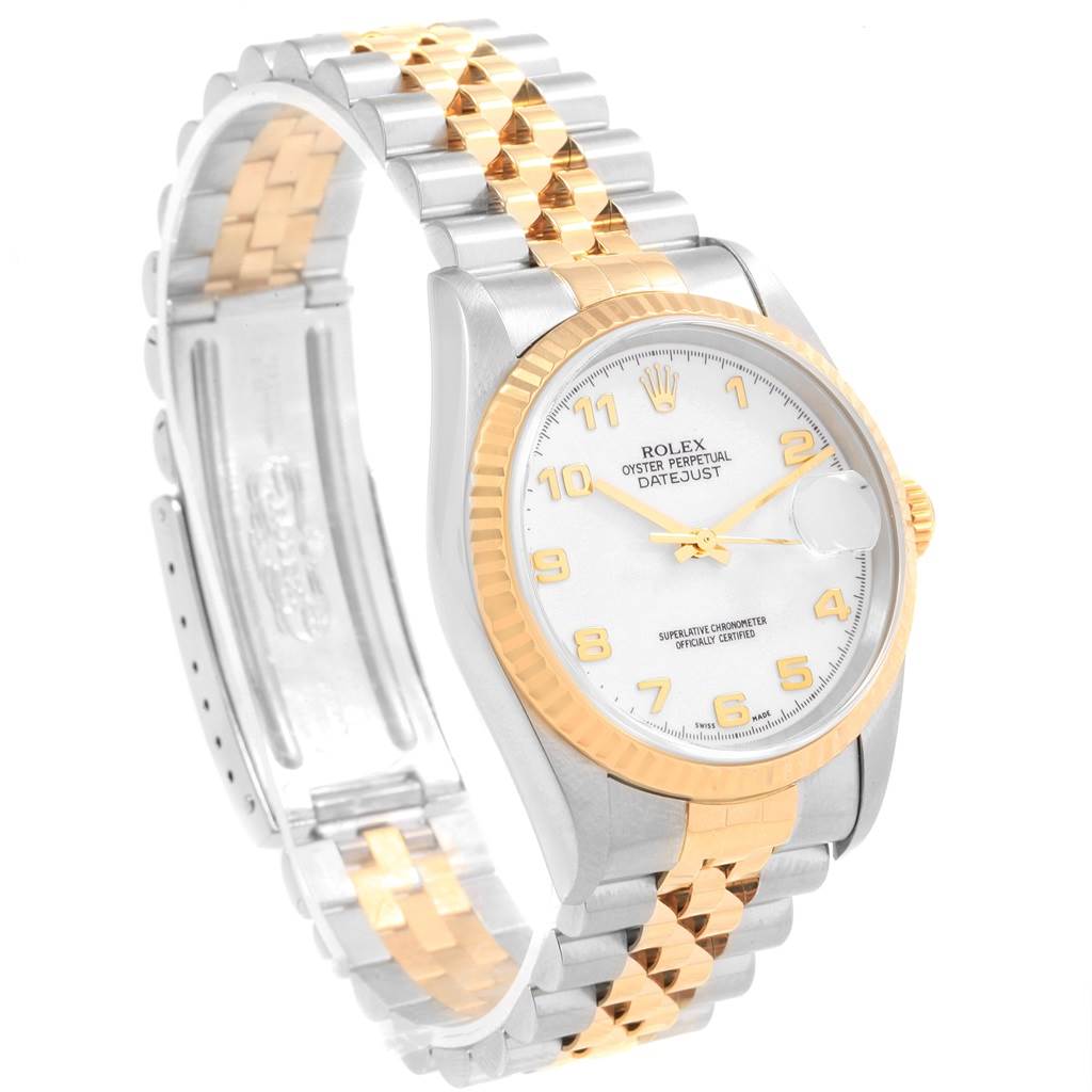 The image shows a Rolex Datejust 16233 Men's Steel and Gold (two tone) White Dial 16233 Men's Steel and Gold (two tone) White Dial watch angled slightly from the side, highlighting the face, bezel, and two-tone bracelet.