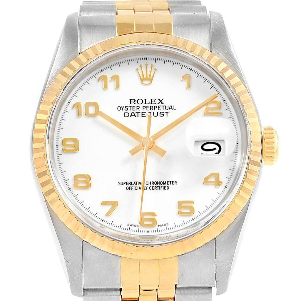 The image shows a front view of a Rolex Datejust 16233 Men's Steel and Gold (two tone) White Dial 16233 Men's Steel and Gold (two tone) White Dial watch, highlighting its dial, bezel, crown, and part of the bracelet.