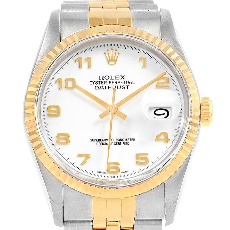 Rolex Datejust 36 Steel Yellow Gold White Arabic Dial Mens Watch 16233 SwissWatchExpo