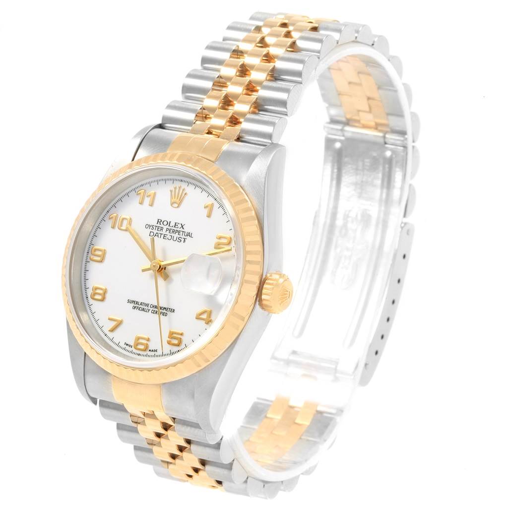 The image shows a Rolex Datejust 16233 Men's Steel and Gold (two tone) White Dial 16233 Men's Steel and Gold (two tone) White Dial watch at an angled view, displaying the face, bezel, crown, and two-tone bracelet.