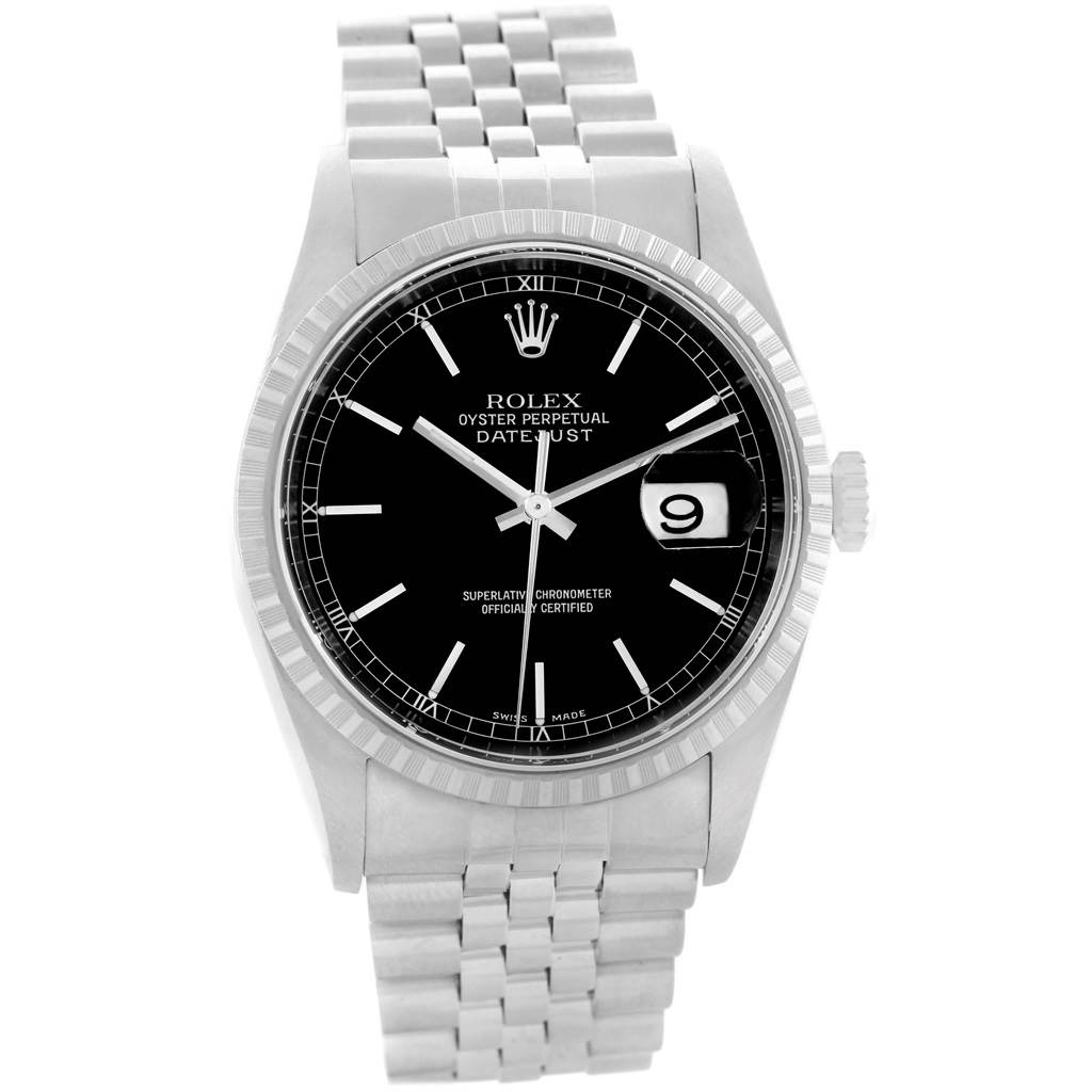 This Rolex Datejust 16220 Men
s Stainless Steel Black Dial 16220 Men
s Stainless Steel Black Dial watch is shown from a front angle, displaying the dial, bezel, crown, and bracelet.