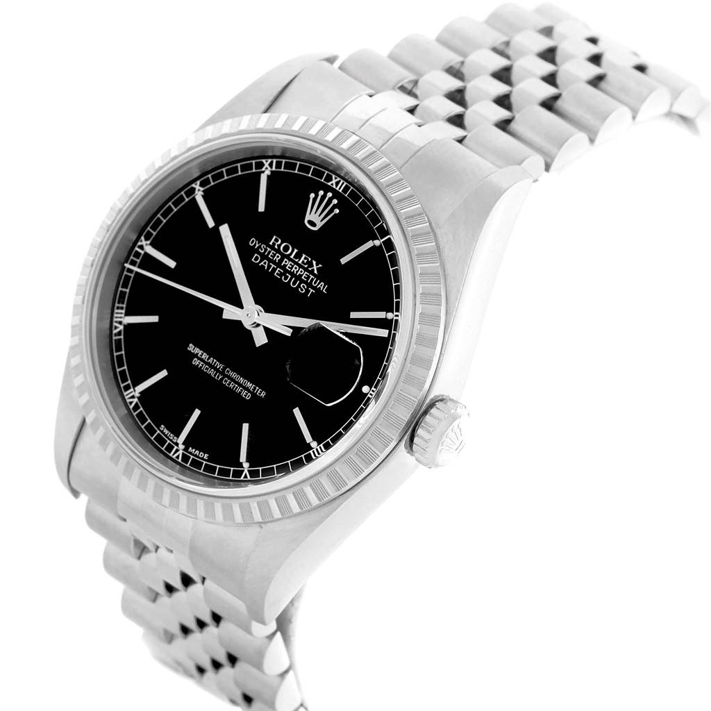 The image shows a Rolex Datejust 16220 Men
s Stainless Steel Black Dial 16220 Men
s Stainless Steel Black Dial watch at a slight angle, highlighting its black dial, fluted bezel, and Jubilee bracelet.