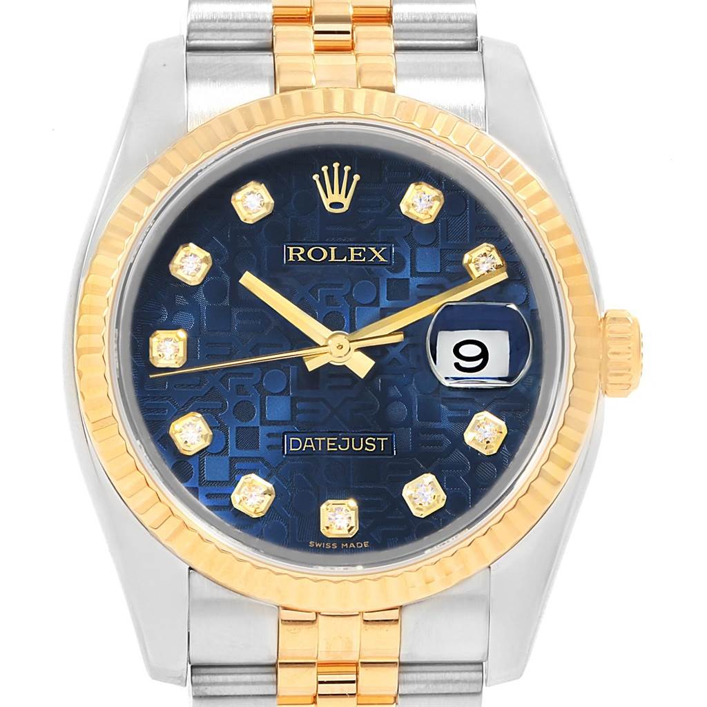 This Rolex Datejust 116233 Men
s Stainless Steel Blue Dial 116233 Men
s Stainless Steel Blue Dial watch is shown from the front, highlighting its blue dial, diamond hour markers, and two-tone bracelet.