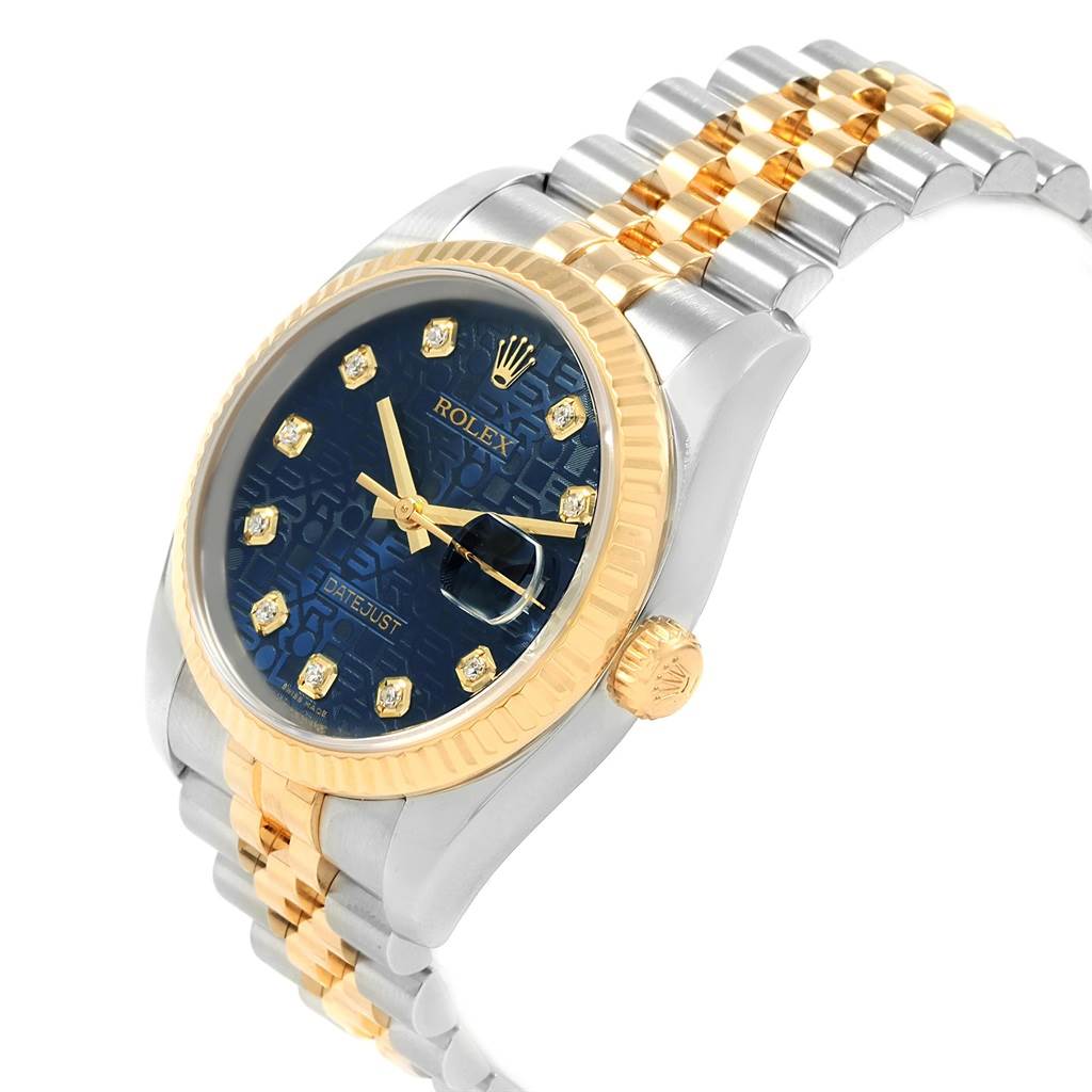 The image shows a Rolex Datejust 116233 Men
s Stainless Steel Blue Dial 116233 Men
s Stainless Steel Blue Dial watch at an angled view, highlighting the face, bezel, and bracelet.