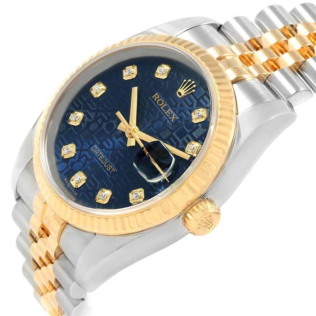 The image shows a Rolex Datejust 116233 Men
s Stainless Steel Blue Dial 116233 Men
s Stainless Steel Blue Dial watch from an angle that highlights its bezel, dial, and partial bracelet.