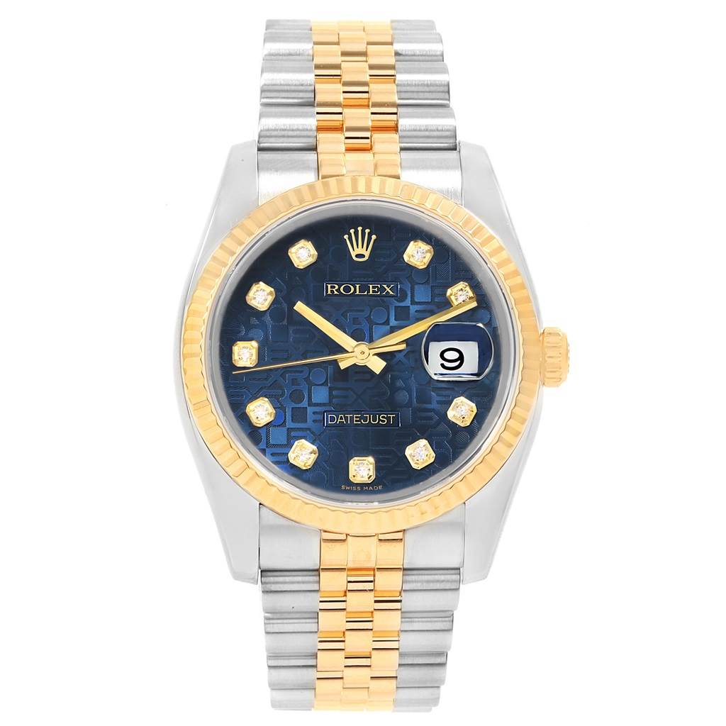 This is a front view of a Rolex Datejust 116233 Men
s Stainless Steel Blue Dial 116233 Men
s Stainless Steel Blue Dial watch showing its blue dial, gold bezel, and two-tone bracelet.