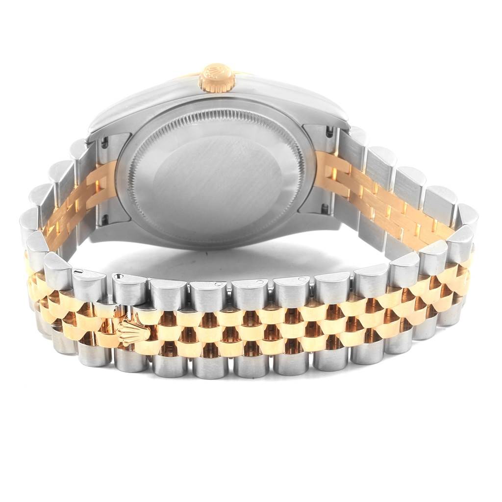 This image shows the back case and bracelet clasp of the Datejust Rolex watch, highlighting the two-tone metal design.