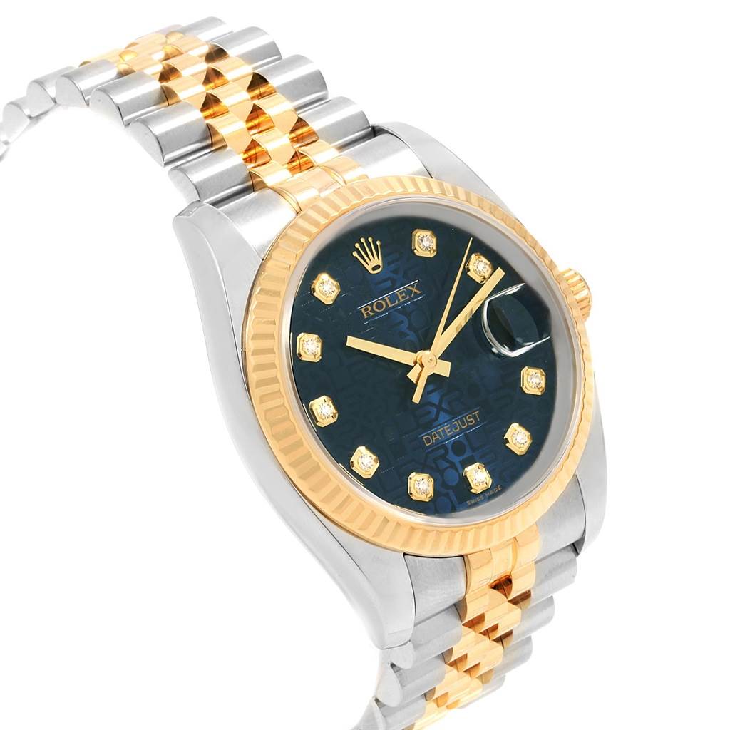 The image shows a Rolex Datejust 116233 Men
s Stainless Steel Blue Dial 116233 Men
s Stainless Steel Blue Dial watch from a three-quarter angle, highlighting its gold and silver bracelet, black dial, and date window.