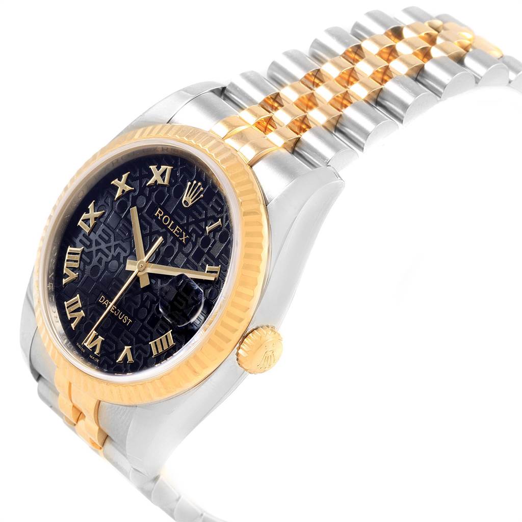 This image shows a Rolex Datejust 116233 Men's Stainless Steel Black Dial 116233 Men's Stainless Steel Black Dial model watch from a side-angle, highlighting its gold bezel, crown, and two-tone bracelet.