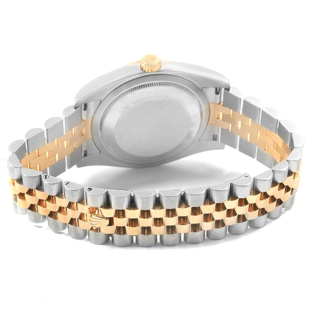 The image shows the back view of a Rolex Datejust 116233 Men's Stainless Steel Black Dial 116233 Men's Stainless Steel Black Dial watch, highlighting its two-tone bracelet and closed case back.