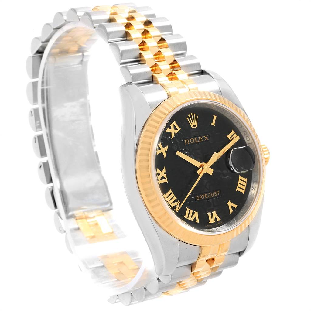 This image shows a side angle of a Rolex Datejust 116233 Men's Stainless Steel Black Dial 116233 Men's Stainless Steel Black Dial watch, showcasing its dual-tone bracelet and black dial.