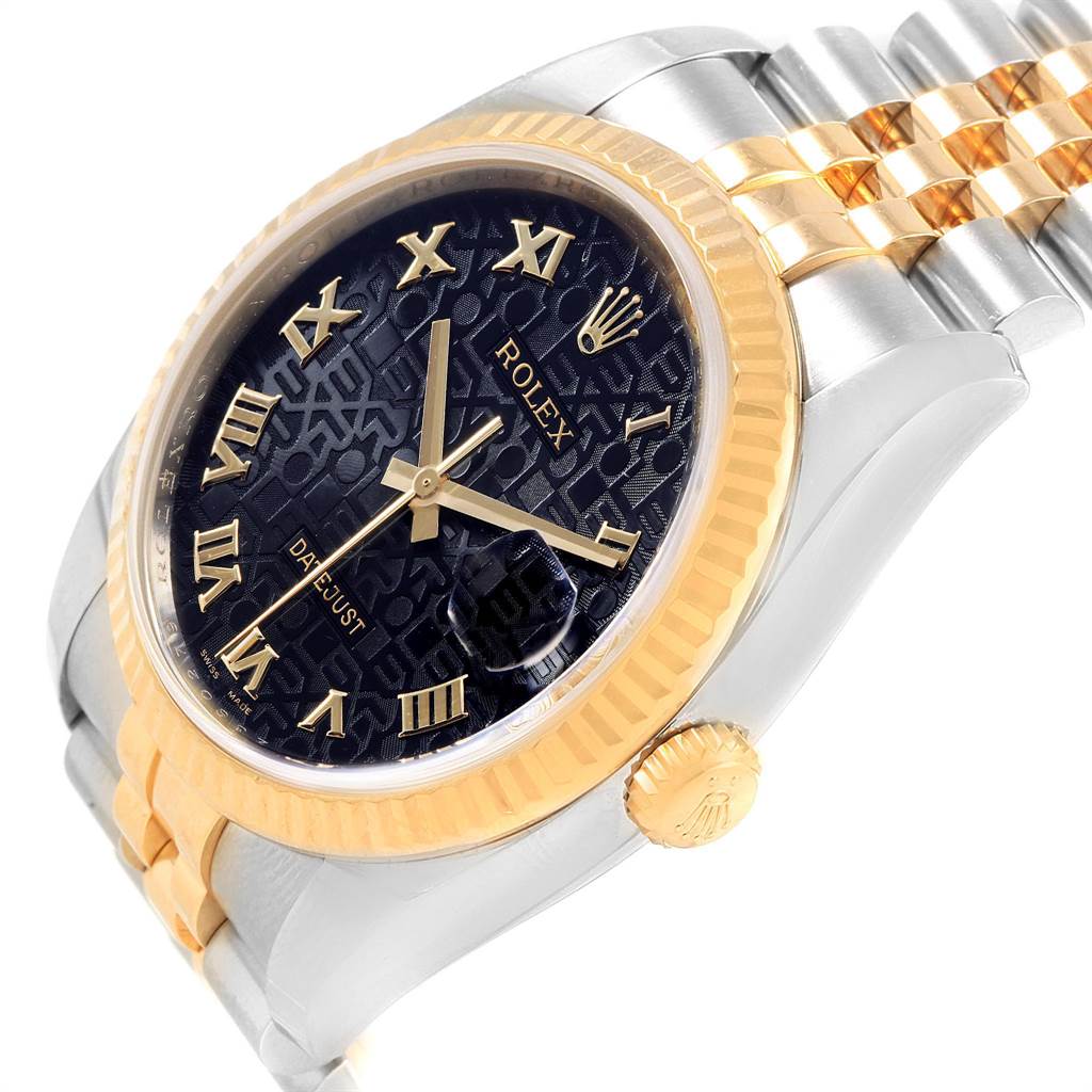 This image displays a Rolex Datejust 116233 Men's Stainless Steel Black Dial 116233 Men's Stainless Steel Black Dial watch at an angled view, showing the dial, bezel, crown, and bracelet.